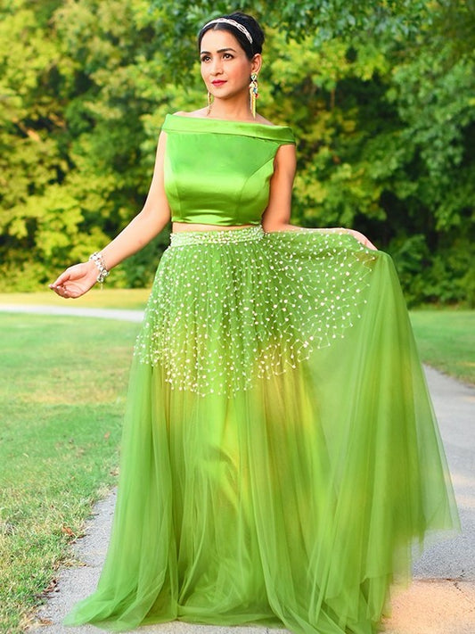Floor-Length Tulle A-Line/Princess Sleeveless Off-the-Shoulder Beading Two Piece Dresses