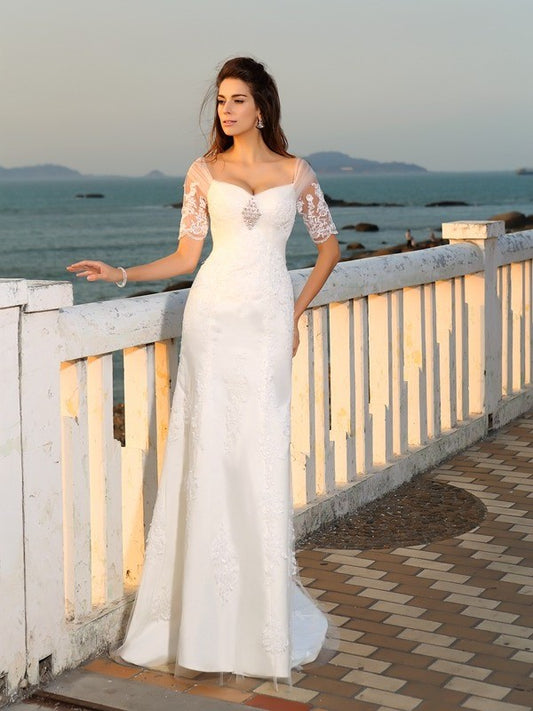 Sheath/Column Sweetheart Applique Sleeves Long Short Satin Beach Wedding Dresses