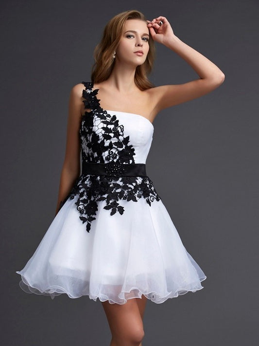 One-Shoulder Short A-Line/Princess Lace Sleeveless Organza Homecoming Dresses