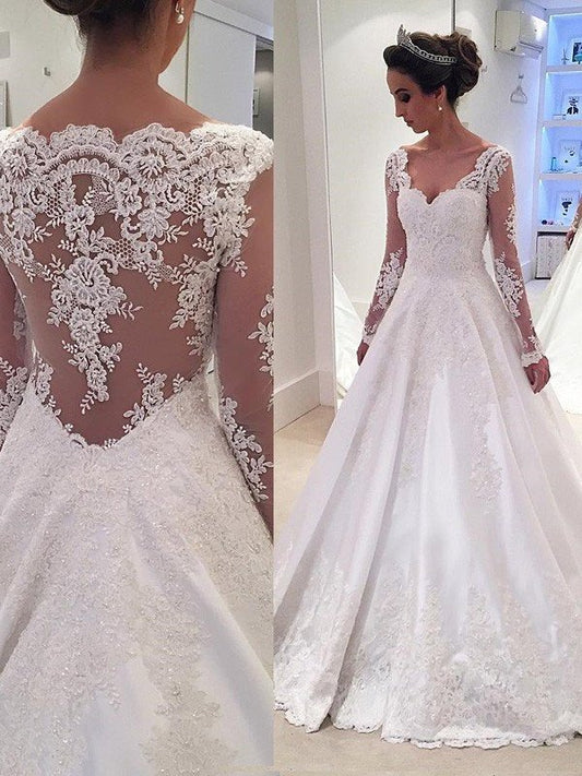 Sleeves Lace Ball Train Gown V-neck Court Long Satin Wedding Dresses