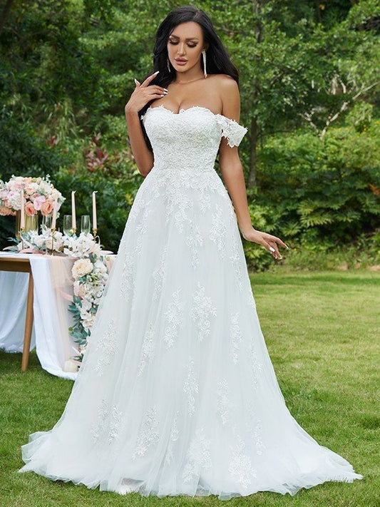 Sweep/Brush Off-the-Shoulder A-Line/Princess Sleeveless Applique Lace Train Wedding Dresses