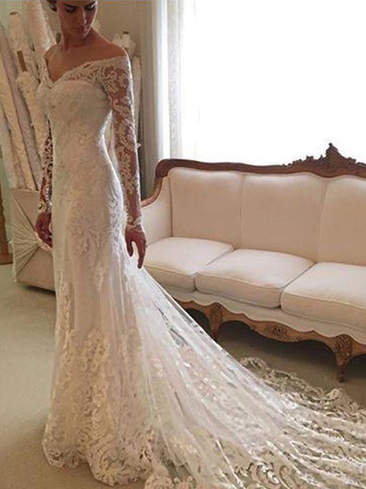 Sheath/Column Court Long Off-the-Shoulder Sleeves Lace Train Wedding Dresses