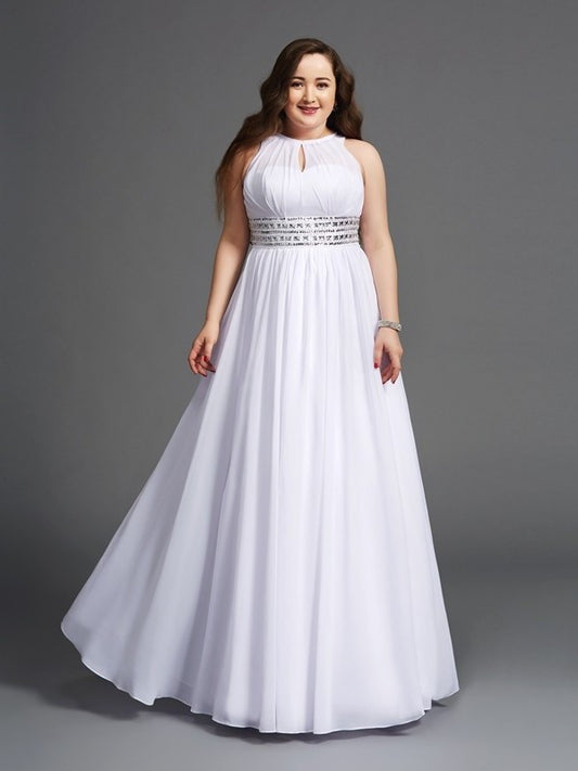 A-Line/Princess Jewel Chiffon Beading Sleeveless Long Plus Size Dresses