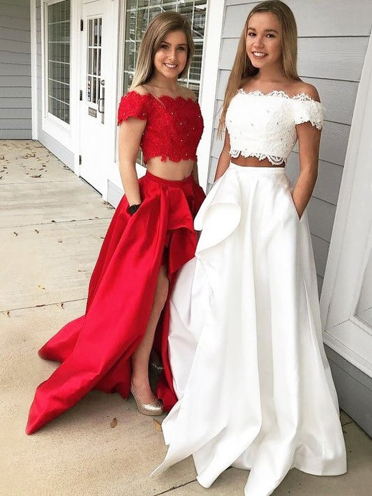 Off-the-Shoulder Sweep/Brush Satin Lace Train A-Line/Princess Sleeveless Two Piece Dresses