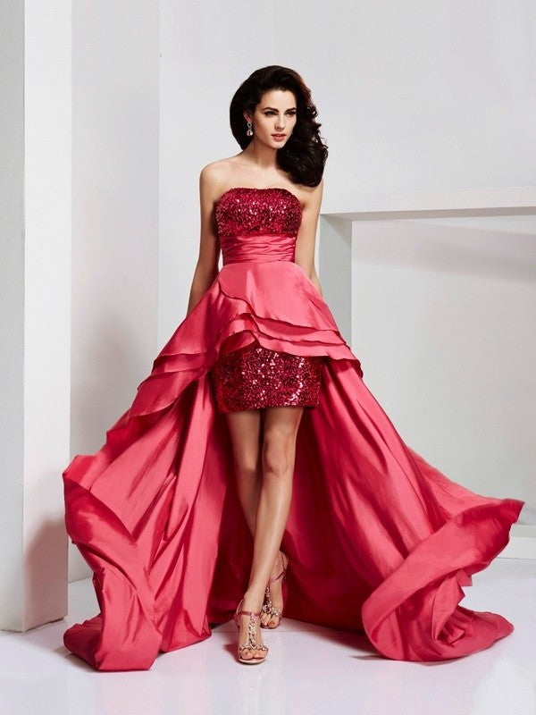 Strapless A-Line/Princess Lace Sleeveless High Low Taffeta Dresses
