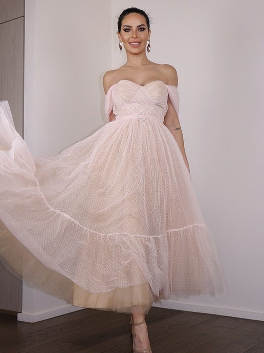 Lace Off-the-Shoulder A-Line/Princess Sleeveless Ruched Tea-Length Homecoming Dresses