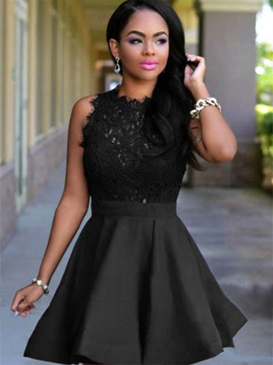 Lace With Short A-Line Jewel Cut Satin Black Homecoming Dresses