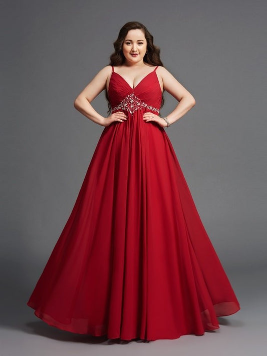 Sleeveless A-Line/Princess Chiffon Beading Straps Long Spaghetti Plus Size Dresses