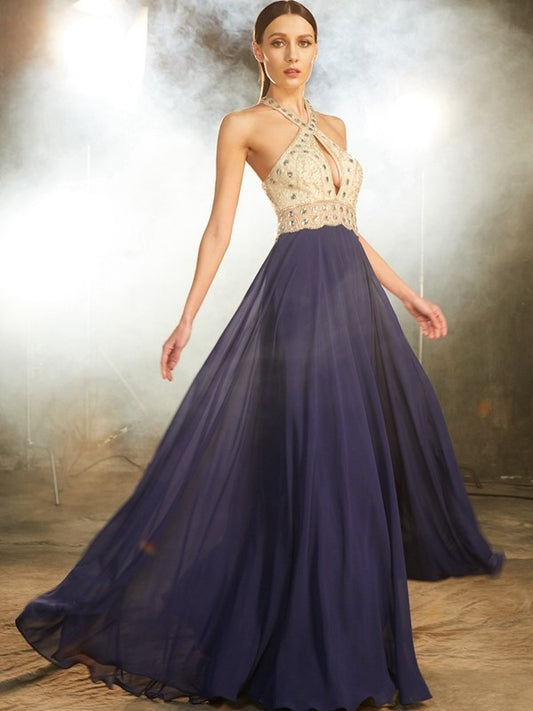 A-Line/Princess Sleeveless Straps Beading Chiffon Floor-Length Dresses