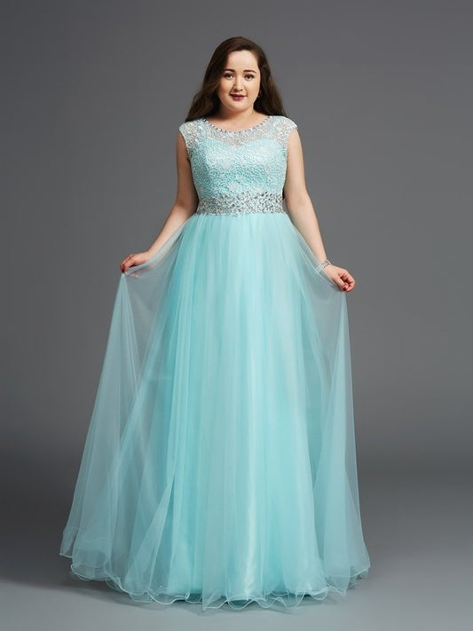 Scoop Long A-Line/Princess Tulle Sleeveless Rhinestone Plus Size Dresses