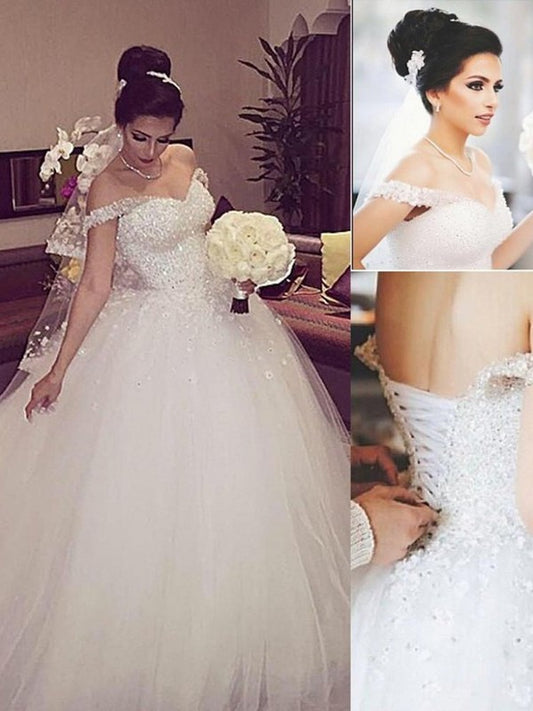 Gown Ball Off-the-Shoulder Court Train Lace Sleeveless Tulle Wedding Dresses