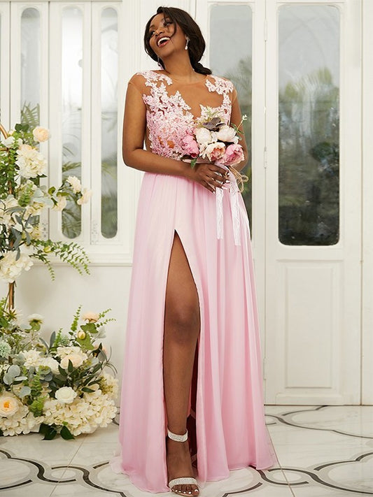 Scoop A-Line/Princess Applique Chiffon Sleeveless Floor-Length Bridesmaid Dresses