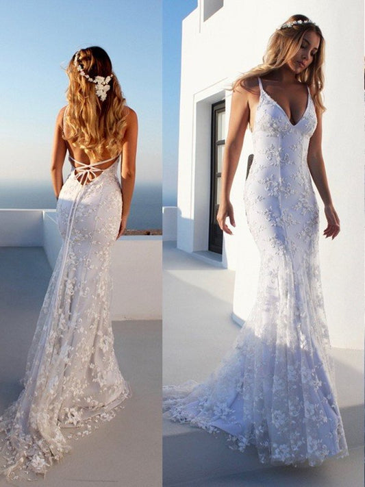 Trumpet/Mermaid Court Spaghetti Sleeveless Lace Straps Train Wedding Dresses