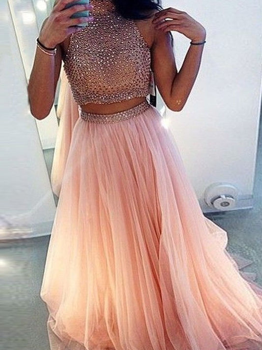 A-Line/Princess High Tulle Sleeveless Beading Train Sweep/Brush Neck Two Piece Dresses