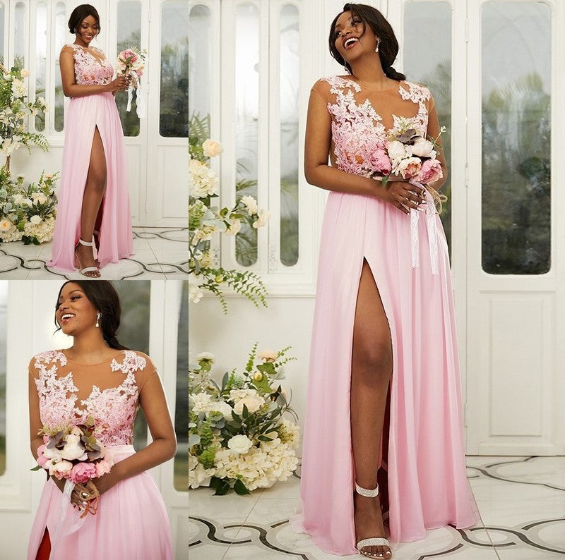 Scoop A-Line/Princess Applique Chiffon Sleeveless Floor-Length Bridesmaid Dresses