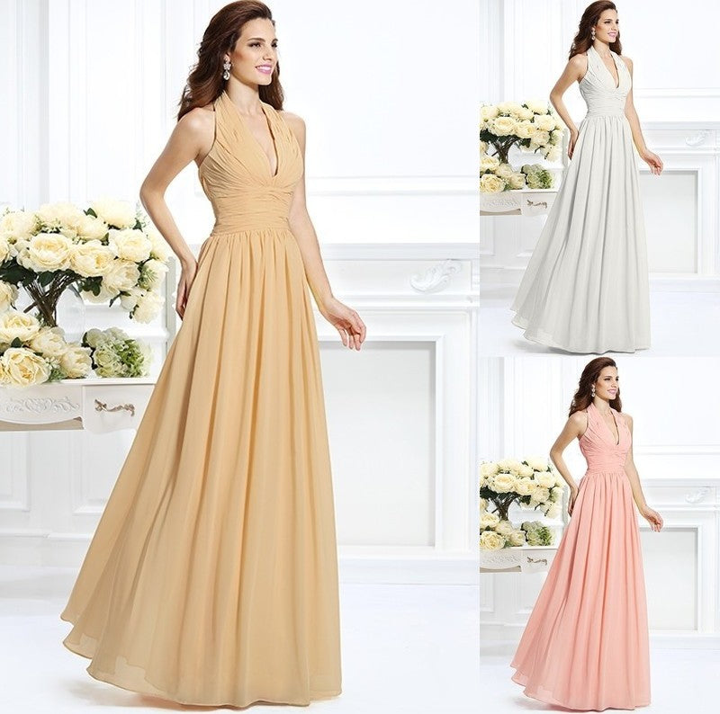 Long Sleeveless Halter A-Line/Princess Pleats Chiffon Bridesmaid Dresses