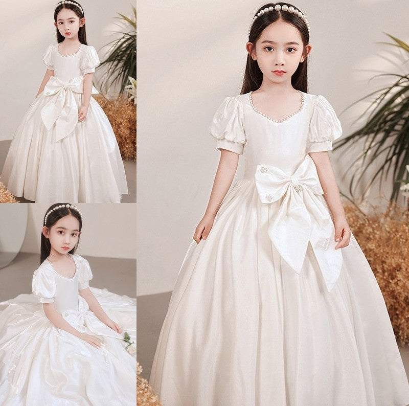Short Floor-Length Bowknot Satin Sweetheart Sleeves A-Line/Princess Flower Girl Dresses