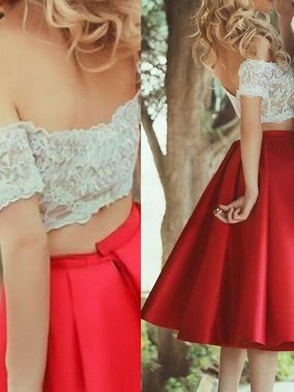Knee-Length Sleeveless A-Line/Princess Off-the-Shoulder Lace Satin Two Piece Dresses
