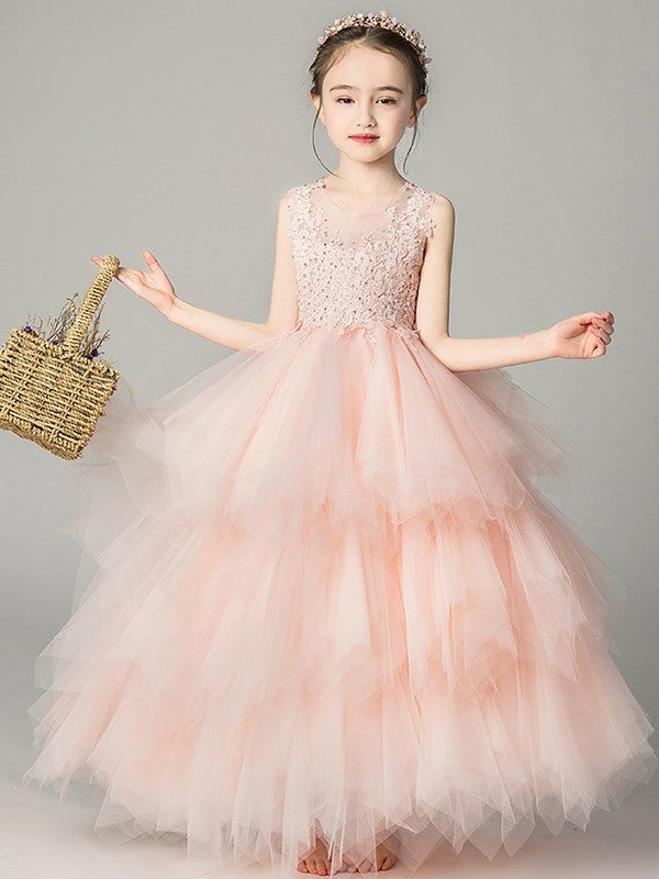 Tulle Scoop Sleeveless A-Line/Princess Floor-Length Applique Flower Girl Dresses