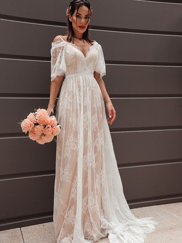 V-neck Lace Sash/Ribbon/Belt Sleeves Sweep/Brush A-Line/Princess Short Train Wedding Dresses