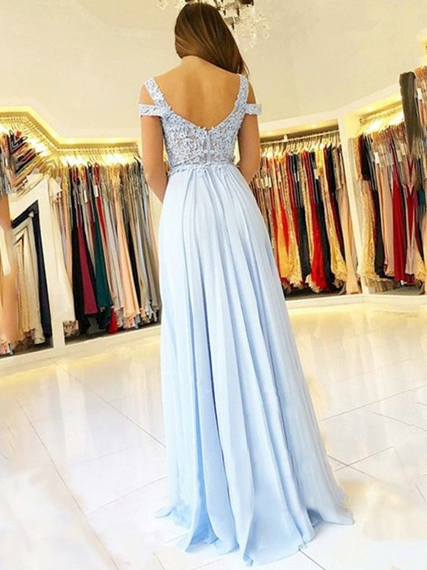 A-Line/Princess Floor-Length Sleeveless Off-the-Shoulder Applique Chiffon Dresses