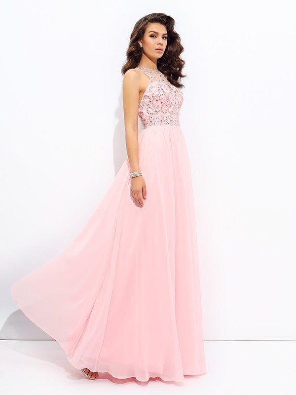 Jewel A-line/Princess Beading Sleeveless Long Chiffon Dresses