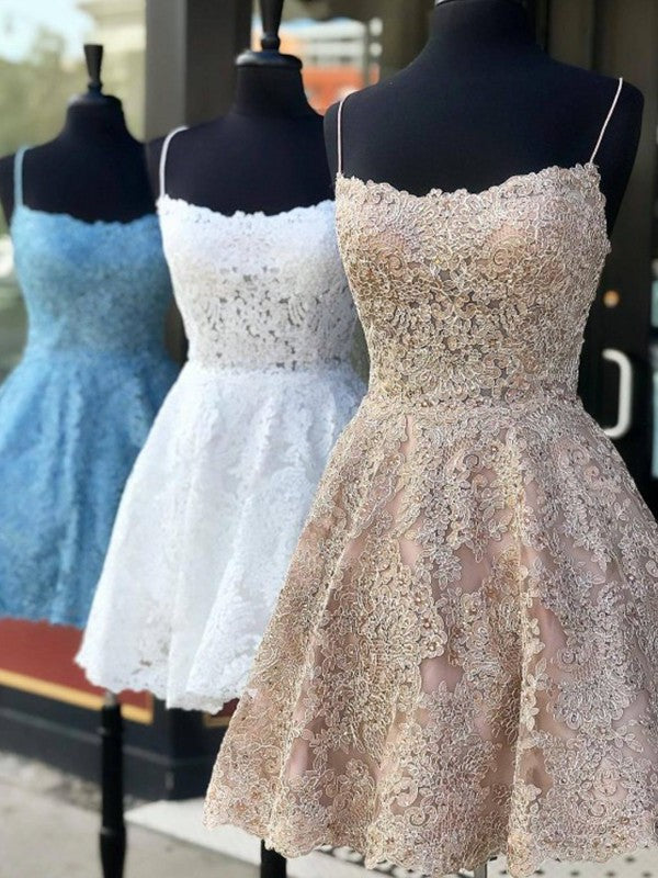 Applique Lace Spaghetti Straps Sleeveless A-Line/Princess Short/Mini Homecoming Dress