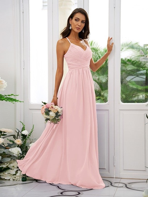 V-neck Sleeveless Chiffon Ruched A-Line/Princess Floor-Length Bridesmaid Dresses