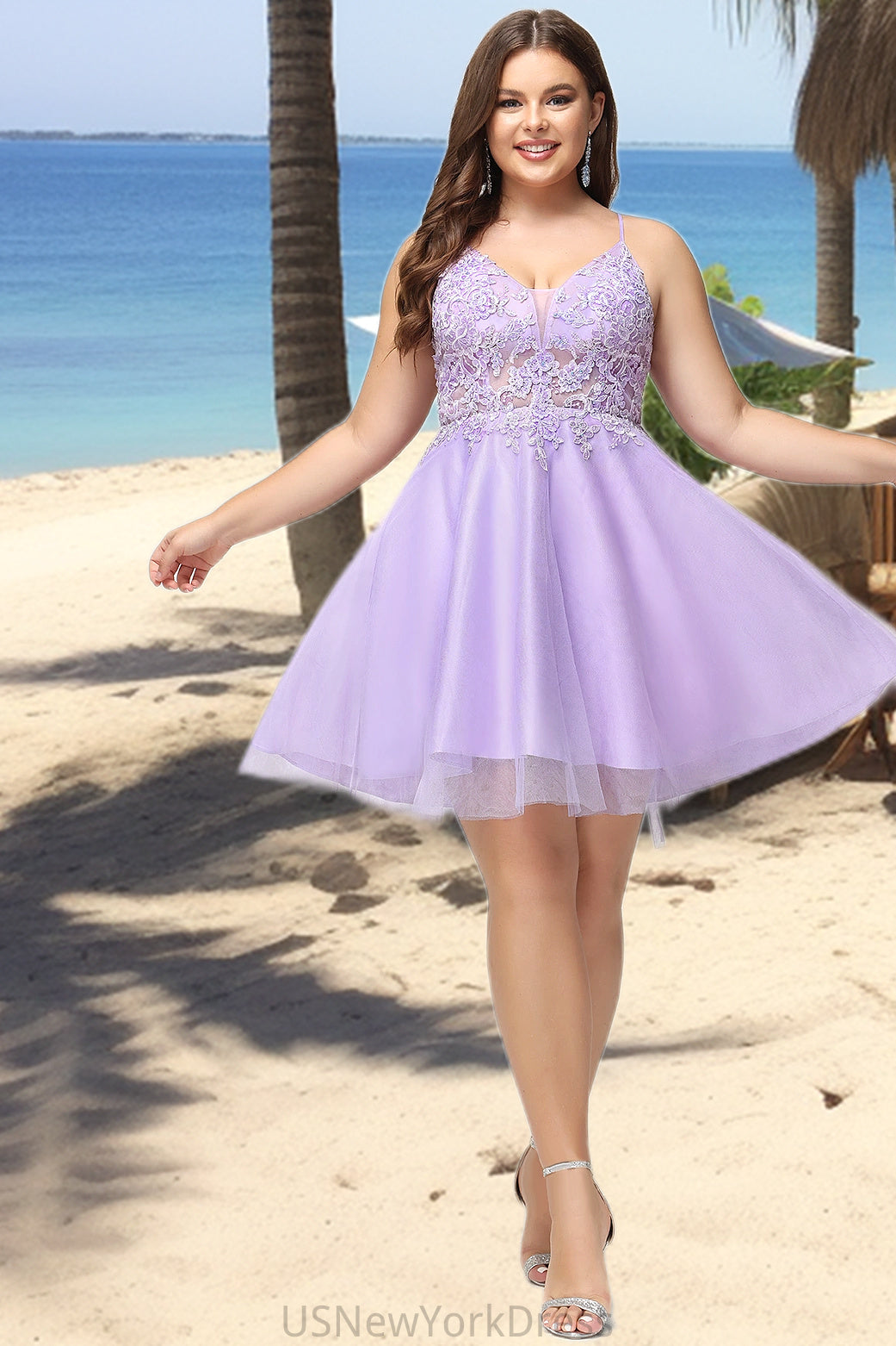 Lily A-line V-Neck Short/Mini Lace Tulle Homecoming Dress With Beading DJP0020501