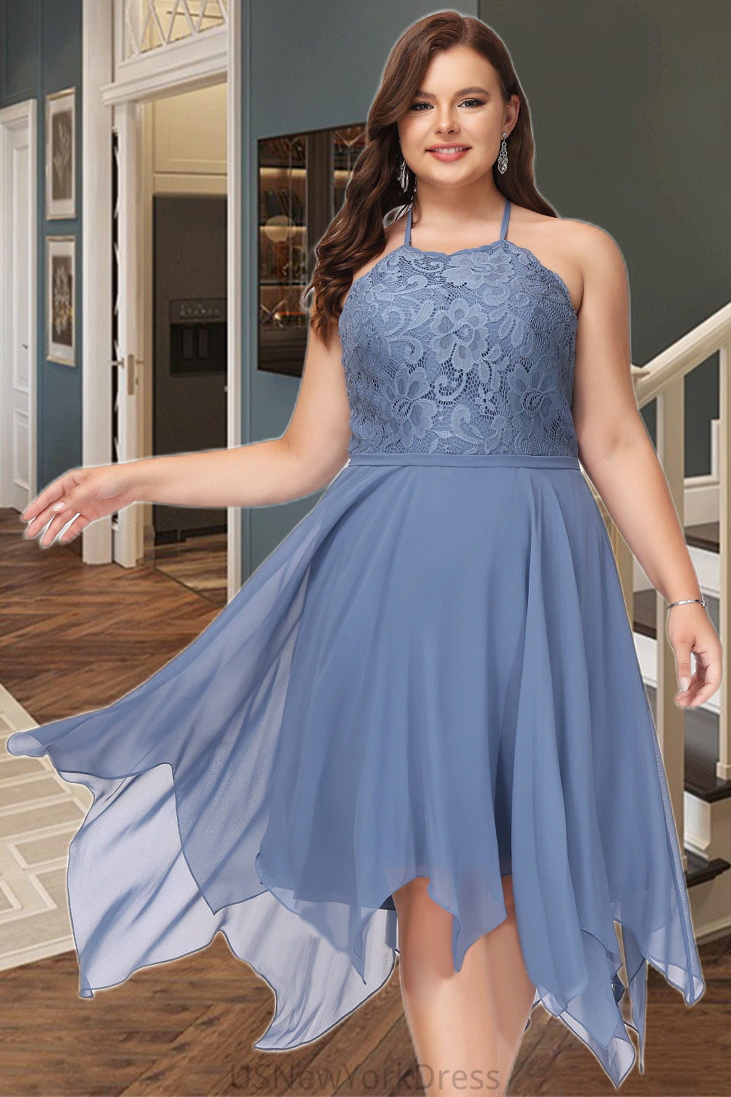 Muriel A-line Halter Asymmetrical Chiffon Lace Homecoming Dress DJP0020561