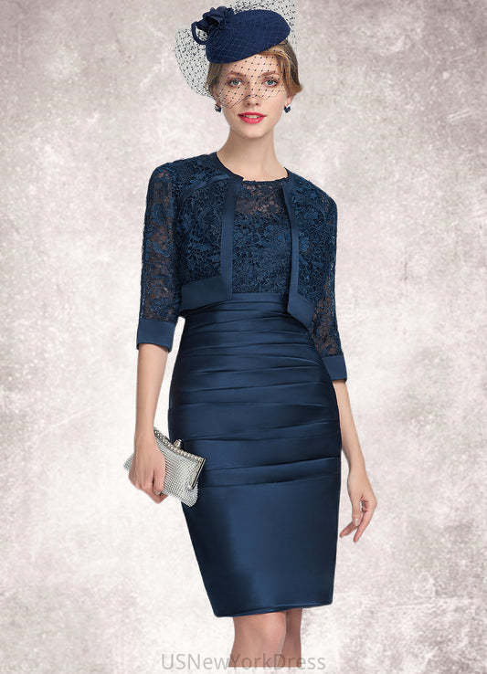 Zoe Sheath/Column Scoop Neck Knee-Length Satin Lace Mother of the Bride Dress With Ruffle DJ126P0014693