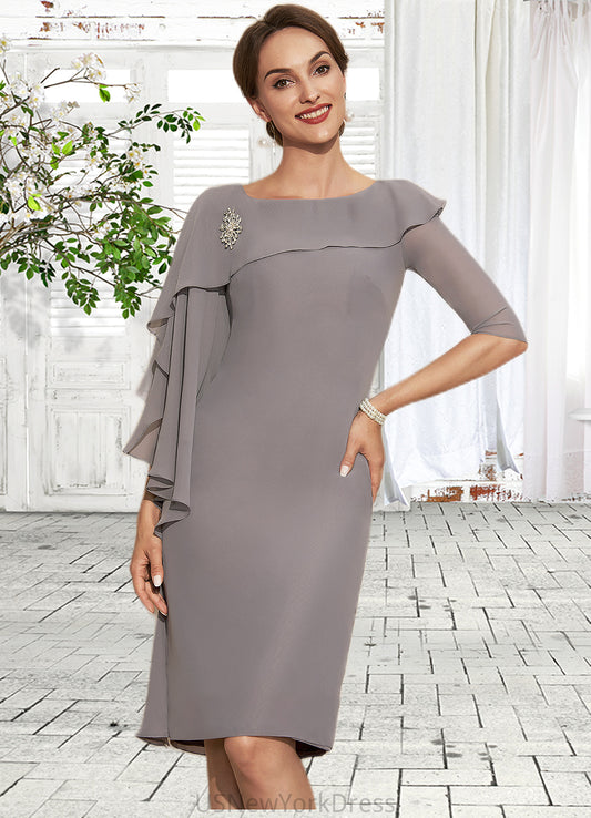 Zoey Sheath/Column Scoop Neck Knee-Length Chiffon Mother of the Bride Dress With Crystal Brooch Cascading Ruffles DJ126P0014943