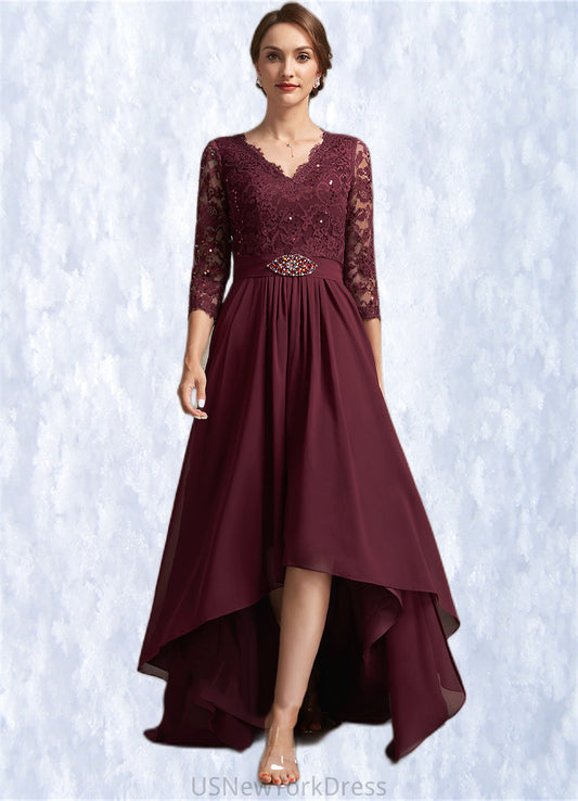 Genevieve A-Line V-neck Asymmetrical Chiffon Lace Mother of the Bride Dress With Beading Sequins DJ126P0014980