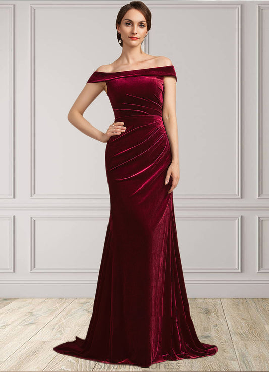 Edith Trumpet/Mermaid Off-the-Shoulder Sweep Train Velvet Mother of the Bride Dress With Ruffle DJ126P0014988