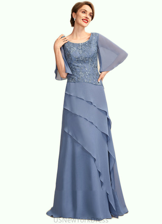 Peyton A-Line Scoop Neck Floor-Length Chiffon Lace Mother of the Bride Dress With Sequins Cascading Ruffles DJ126P0014997