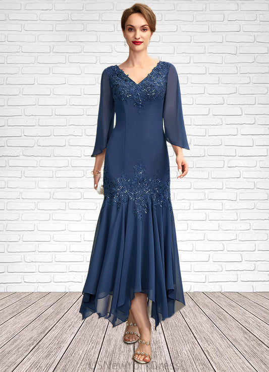 Kianna Trumpet/Mermaid V-neck Ankle-Length Chiffon Mother of the Bride Dress With Appliques Lace Sequins DJ126P0015009