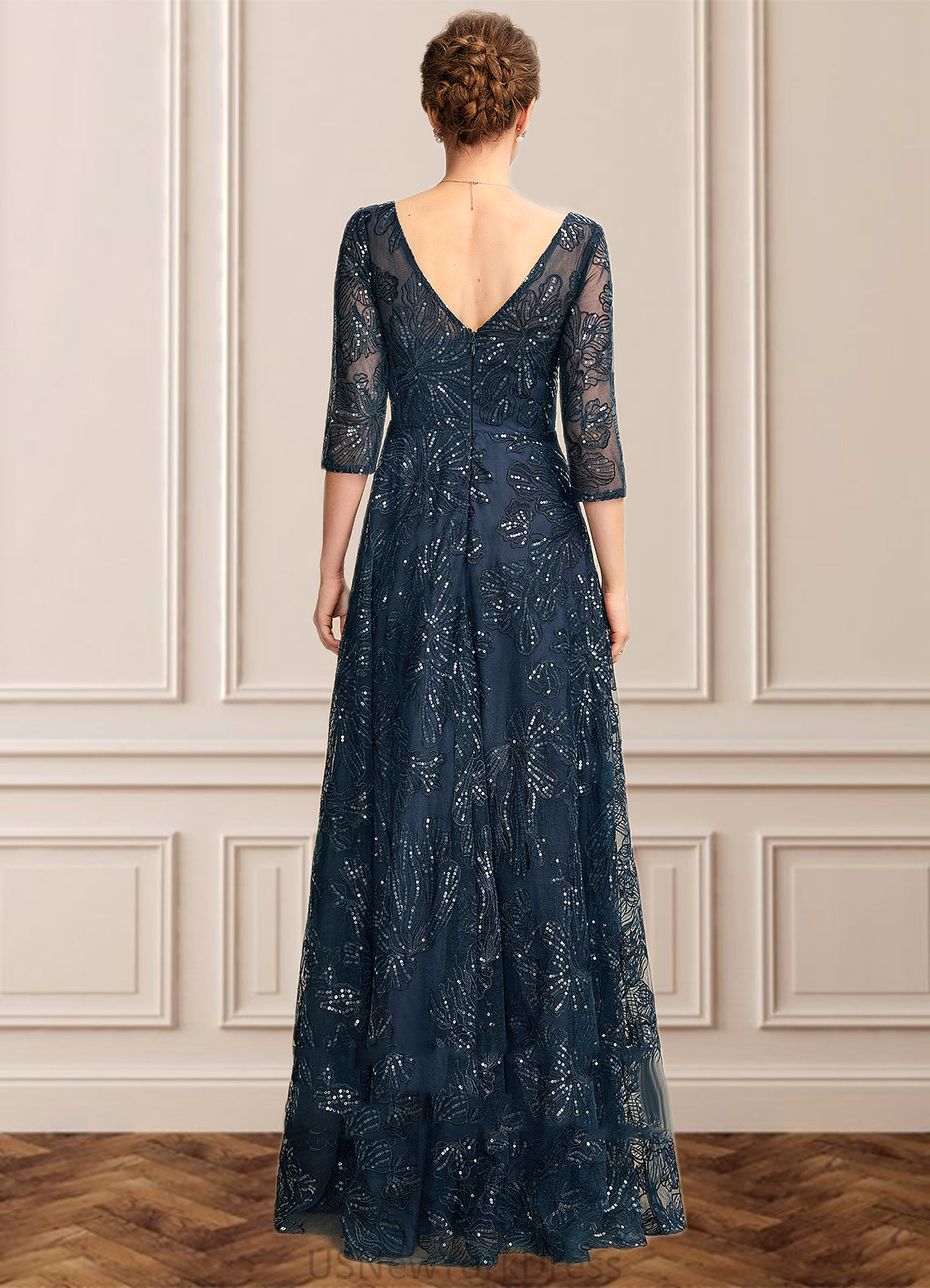 Delaney A-Line V-neck Floor-Length Lace Mother of the Bride Dress With Sequins DJ126P0015015