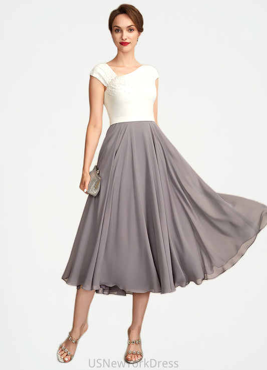 Rylee A-Line V-neck Tea-Length Chiffon Mother of the Bride Dress With Ruffle Beading Sequins DJ126P0015016