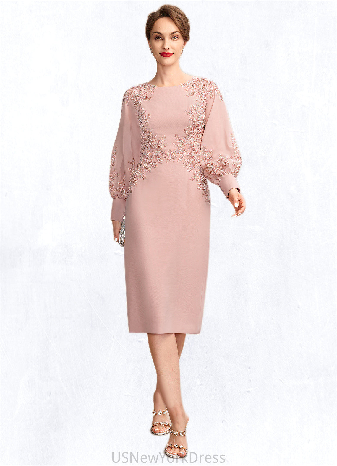 Kiara Sheath/Column Scoop Neck Knee-Length Chiffon Lace Mother of the Bride Dress With Beading Sequins DJ126P0015020