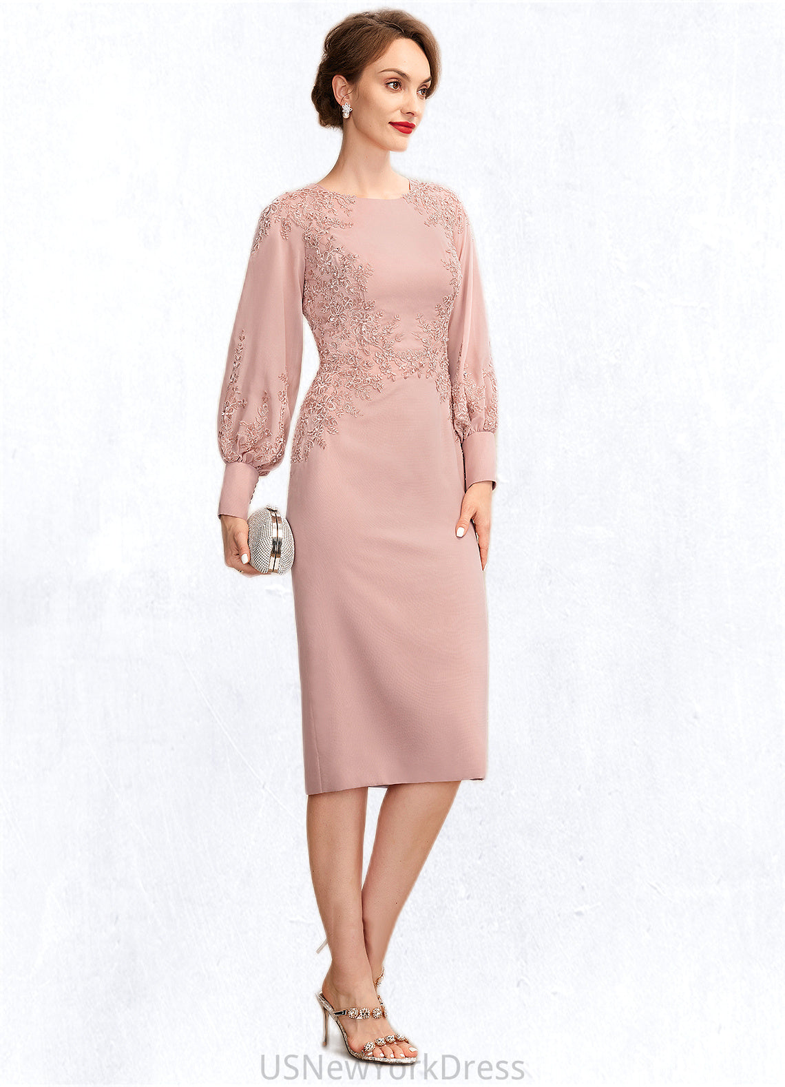 Kiara Sheath/Column Scoop Neck Knee-Length Chiffon Lace Mother of the Bride Dress With Beading Sequins DJ126P0015020