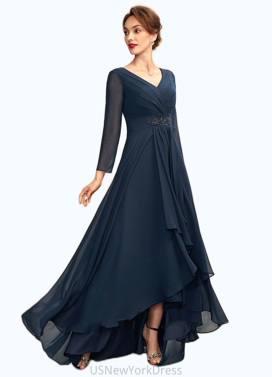 Presley A-Line V-neck Asymmetrical Chiffon Mother of the Bride Dress With Ruffle Beading Bow(s) DJ126P0015021