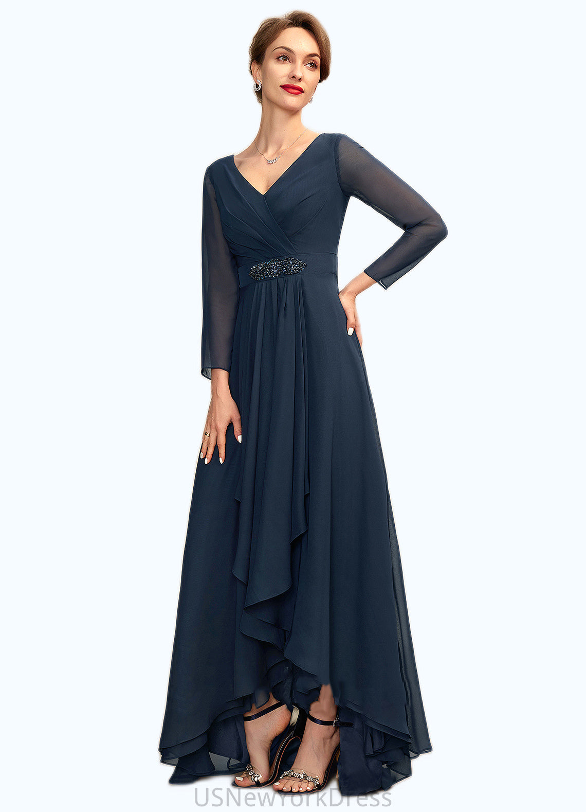 Presley A-Line V-neck Asymmetrical Chiffon Mother of the Bride Dress With Ruffle Beading Bow(s) DJ126P0015021