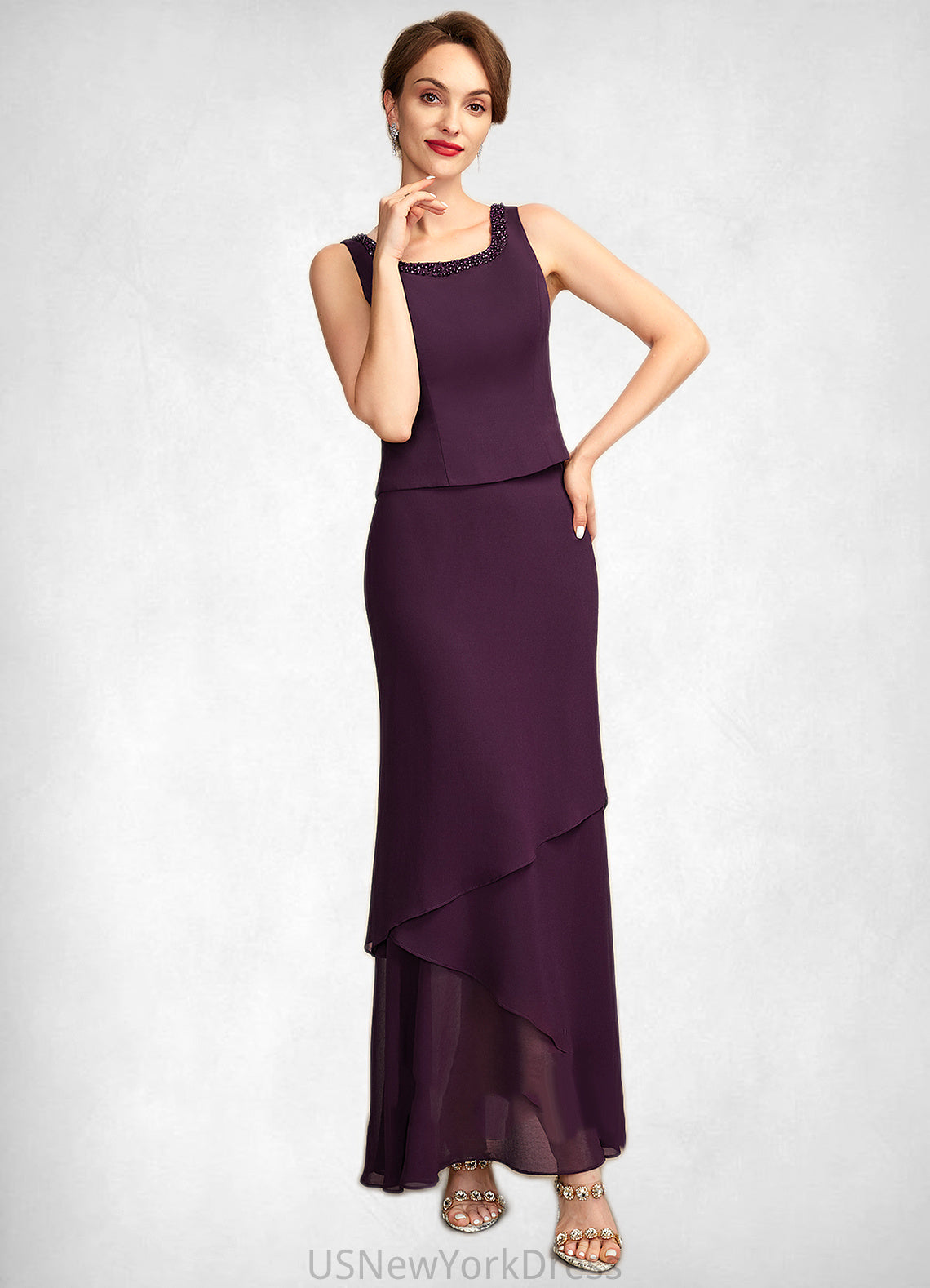 Ruby Sheath/Column Scoop Neck Ankle-Length Chiffon Mother of the Bride Dress With Beading Sequins DJ126P0015024