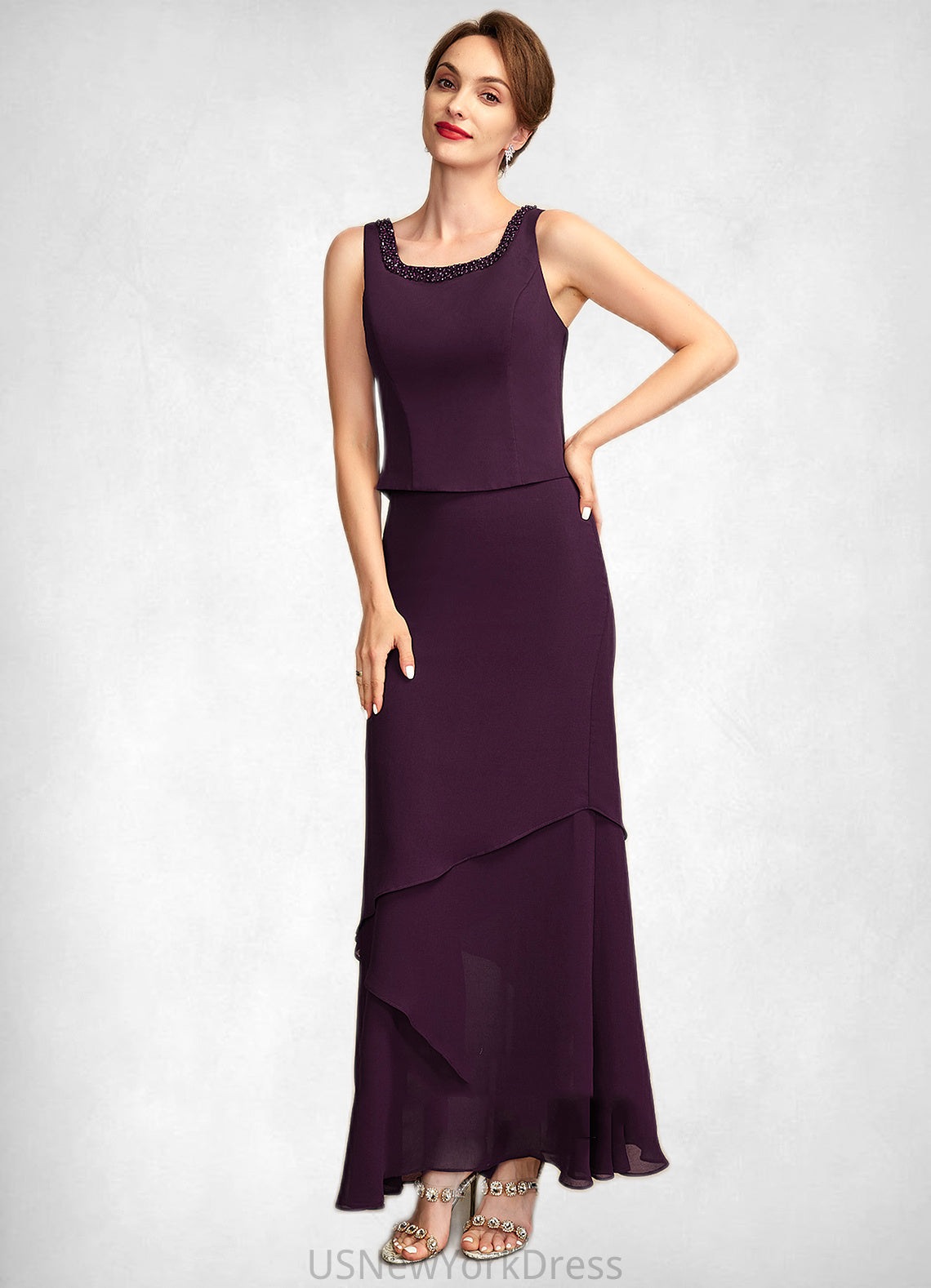 Ruby Sheath/Column Scoop Neck Ankle-Length Chiffon Mother of the Bride Dress With Beading Sequins DJ126P0015024