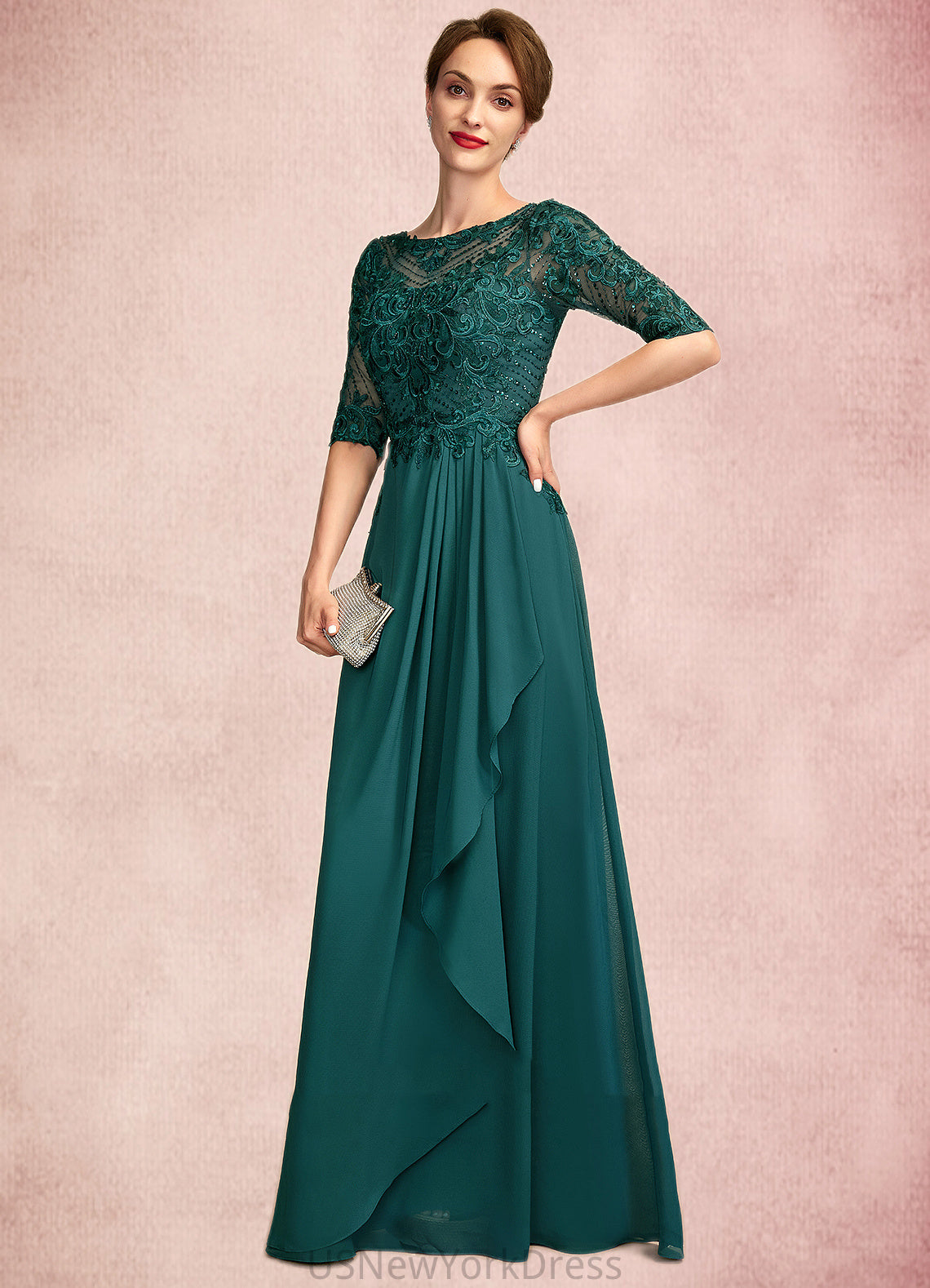 Alejandra A-Line Scoop Neck Floor-Length Chiffon Lace Mother of the Bride Dress With Beading Sequins Cascading Ruffles DJ126P0015027