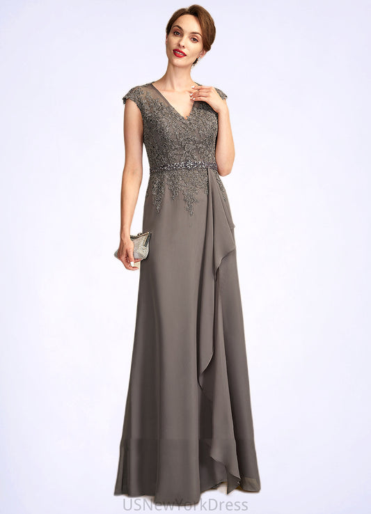 Nataly A-Line V-neck Floor-Length Chiffon Lace Mother of the Bride Dress With Beading Sequins Cascading Ruffles DJ126P0015030