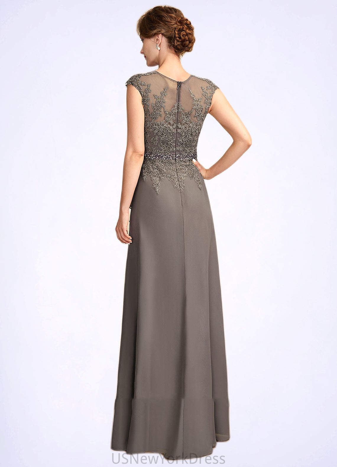 Nataly A-Line V-neck Floor-Length Chiffon Lace Mother of the Bride Dress With Beading Sequins Cascading Ruffles DJ126P0015030