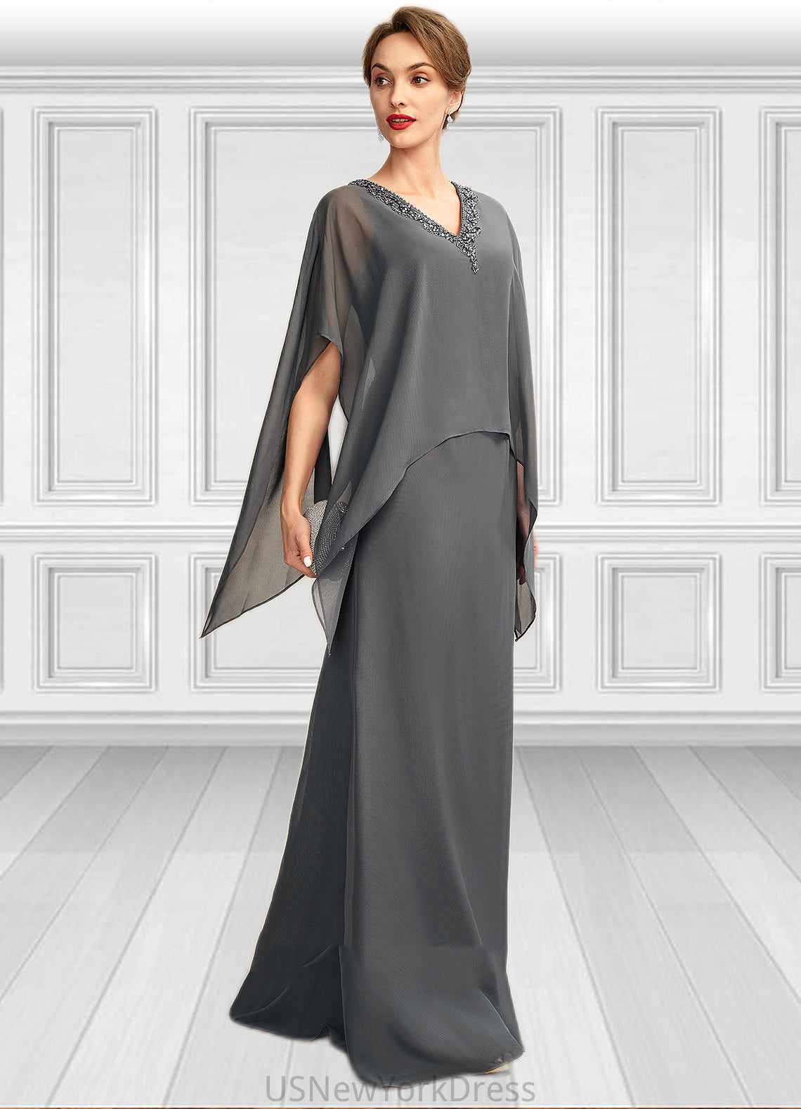 Gabriella A-line V-Neck Floor-Length Chiffon Mother of the Bride Dress With Beading Sequins DJ126P0015031