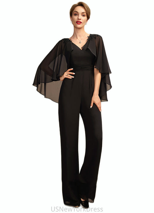 Averi Jumpsuit/Pantsuit V-neck Floor-Length Chiffon Mother of the Bride Dress With Ruffle Beading Appliques Lace Sequins DJ126P0015033