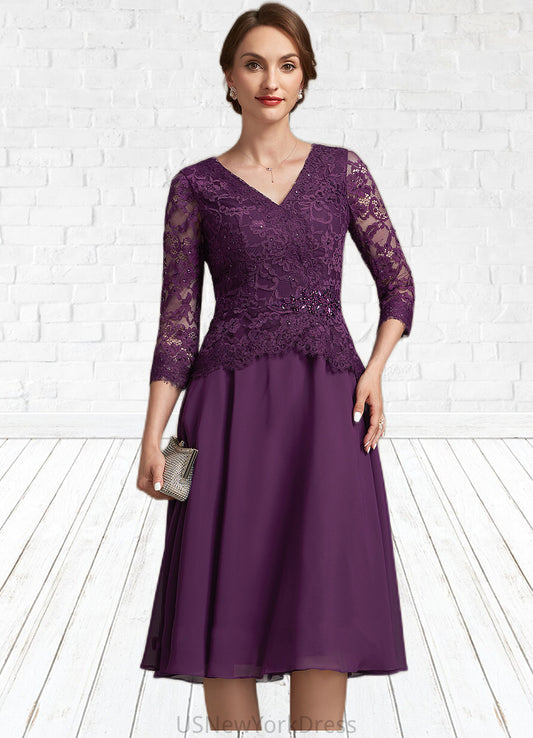 Maryjane A-Line V-neck Knee-Length Chiffon Lace Mother of the Bride Dress With Beading Sequins DJ126P0015035